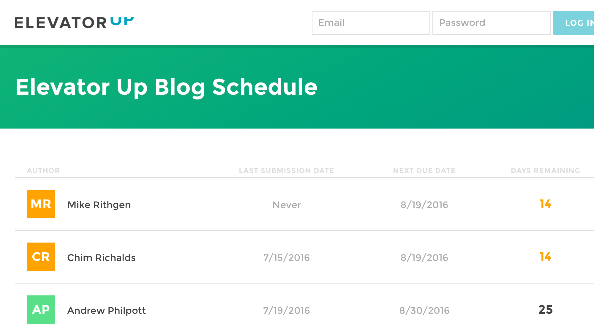 A preview of the Elevator Up Blog Schedule